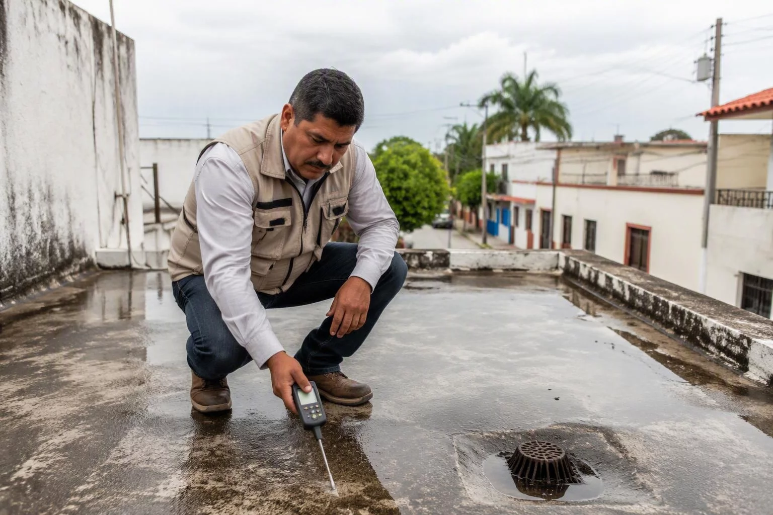 Un revisor agachado sobre una azotea mojada después de la lluvia mide un charco junto a la coladera